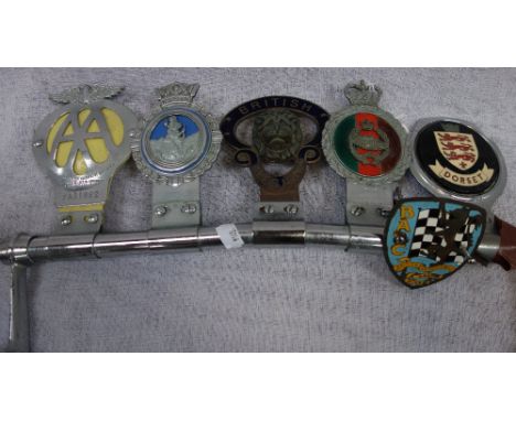 SIX CAR BADGES, AA, ST CHRISTOPHER, BRITISH LEGION, TANK REGIMENT, DORSET , AND BRITISH AUTOMOBILE RACING CLUB, five mounted 