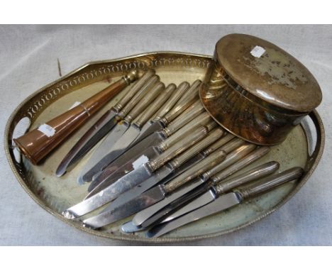 A COLLECTION OF TABLE KNIVES with filled silver handles, a plated tray, box and a copper hunting horn