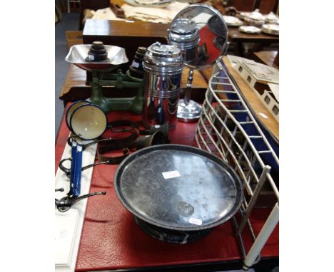 A CHROME SHAVING MIRROR, a chrome bath tidy, Vintage kitchen scales and sundries