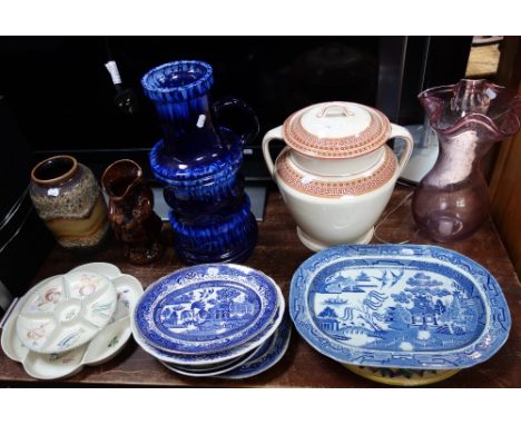 A POOLE POTTERY HORSD'OEUVRESDISH, another similar, a 19thcentury blue and white meat plate, similar ceramics, a large German