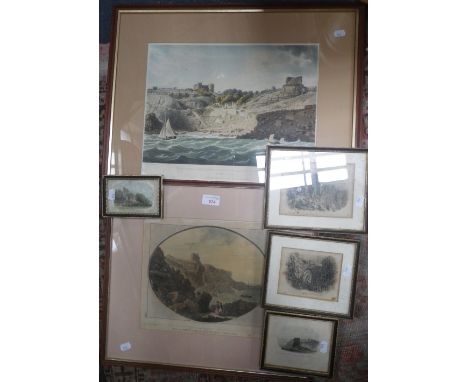 A 19TH CENTURY LITHOGRAPH, "Bow and Arrow Castle on the Island of Portland", another similar and four smaller prints