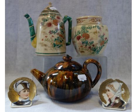 A JAPANESE TEAPOT, a similar ginger jar, a mottled glazed teapot and two Continental dishes