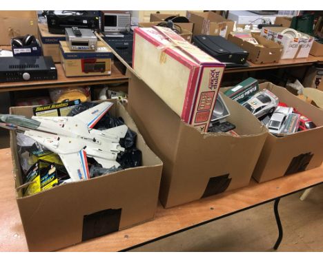 Three boxes of assorted vintage toys, including Tri Ang Jump Jockey etc.