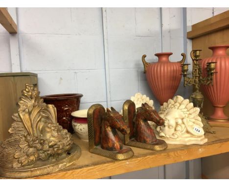 Pair of vases, resin corbels, brass candelabra etc.
