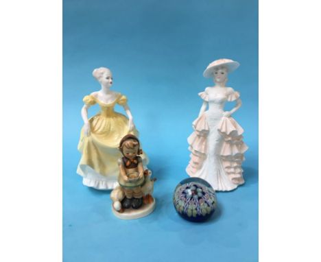 Two Coalport figures, a paperweight and a Hummel figure