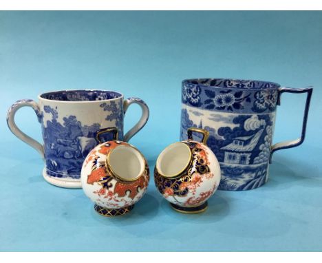 Pair of Royal Crown Derby salts, a Loving cup and a transfer print tankard