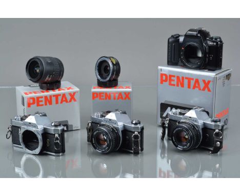 Four Pentax SLR Cameras, two Pentax MX, shutter working, meters responsive, self timers working, bodies G, both with SMC 50mm