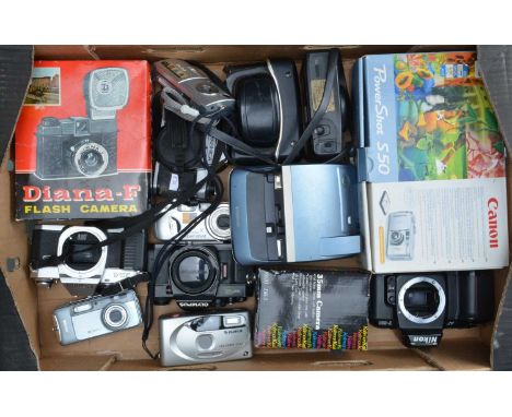 A Tray of Various Cameras,  including a Nikon F-601, Olympus OM 40 Programme, Canon AL-1 body, Canon Powershot S50, compact d