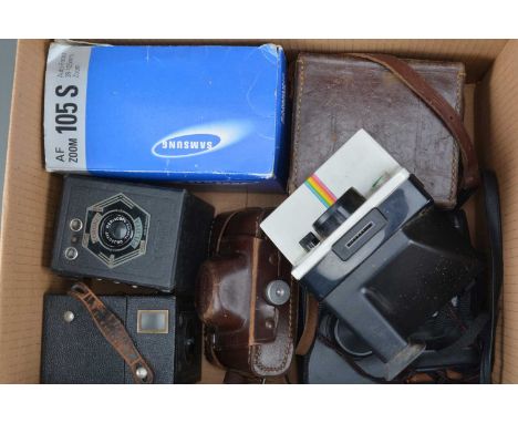 A Group of Various Cameras, a Coronet Filda & Popular Brownie box Camera, Yashica T3 Super, damage to top, untested, AF, Sams