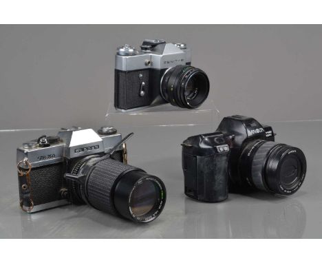 A Group of Various Cameras, a Carena SRH 760, shutter fires, with Paragon 75-200mm zoom lens, F, Zenit B, shutter fires, with