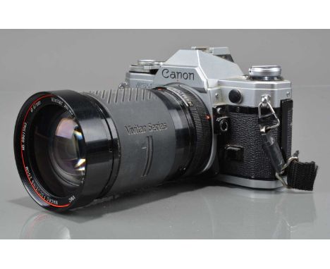 A Canon AE-1 SLR Camera, shutter working, meter responsive, self timer working, body G, with Vivitar series 1 28-105mm f/2.8-