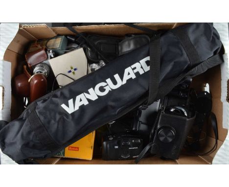 A Tray of Cameras and Related Items, an Olympus OM-101, AZ-300 Super Zoom, Trip XB3, AF-1 Twin,  Chinon CM-3 body, Comet S, K