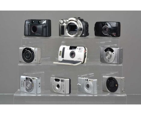 A Tray of Canon Compact Cameras, a Canon Sure Shot Del Sol, 70 Zoom, Multi Tele, IXUS L-1, M-1, Z65, Elph 2, Z70, EOS IX APS 