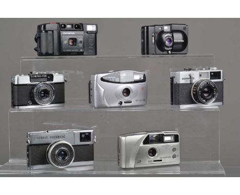 A Group of Olympus Compact Cameras, an Olympus XA, unresponsive, 35 RC, self timer lever jammed, Pen EE-3, light cell unrespo
