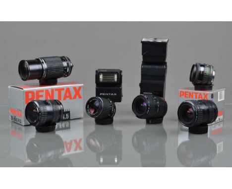 A Group of Pentax Lenses, a Pentax SMC F 35-70mm f/3.5-4.5 lens, SMC M 135mm f/3.5 lens, SMC M 80-200mm f/4.5 lens, three Pen