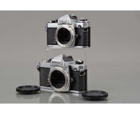 Two Nikon SLR Camera Bodies, a Nikon FM, chrome, shutter working, meter responsive, self timer working, body G, some light ma