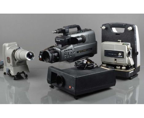 A Group of Projectors and Cameras, including a Philips Explorer VKR6855/12 VHS camera, in case untested, G, Ilford Elmo 8mm c