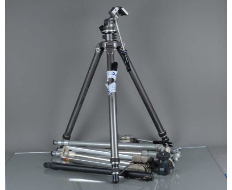 A Group of Tripods, including a Gitzo studio tripod, G, with R. No. 2 head, missing one arm, a centre column with tripod top 