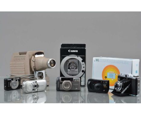 A Tray of Various Cameras,  including a Lomo AS 3.0 Supersampler, VG, in makers box, with 35mm film, booklet & manual, Canon 