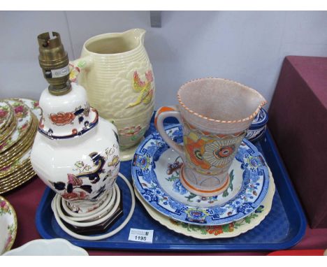 (Charlotte Rhead) Crown Ducal jug with mark on base, Masons table lamp, 1920s Price porcelian jug with floral and bird decora