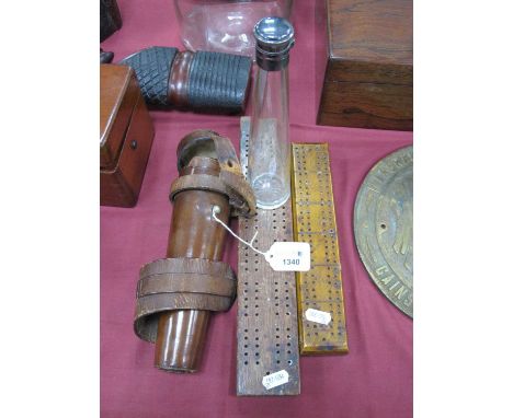 XX Century Military Glass Flask with a plate lid in a brown leather case together with two crib boards. (3)