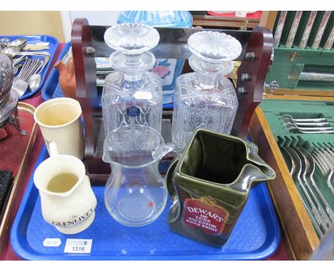 Stuart Glass, two bottle tantulus, Dewars, de luxe ancestor Scotch whisky water jug, etc:- One Tray