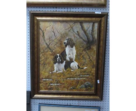K.R Wilkinson, Study of Spaniels, oil on canvas, signed lower right, 49 x 39cm. A similar lakeland scene with ducks. (2)