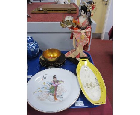 Oriental Noritake Oval Dish, river scene within yellow border, 30.5cm wide, ceramic plate, lacquered bowl and two plates, Jap