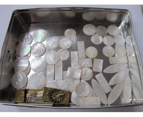 Oriental Mother of Pearl Gaming Counters Carved with Figures, pagodas and foliage, oval circular and rectangular 40 plus 10 b