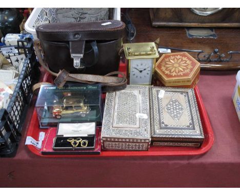 Wilkinson Sutherland Binoculars, cuff links in Harrod's case, boxes, Baynard carriage clock, model mini:- One Tray.