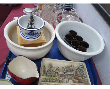 A Haig scotch whiskey jug, ceramic mixing bowl, bed pot, egg cups, coffee grinder and 'Ann Hathway's cottage Shorrey' wall pl