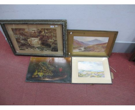 Paintings, to include two watercolours, oil on canvas and a print, one watercolour signed W. Matthews. (4).