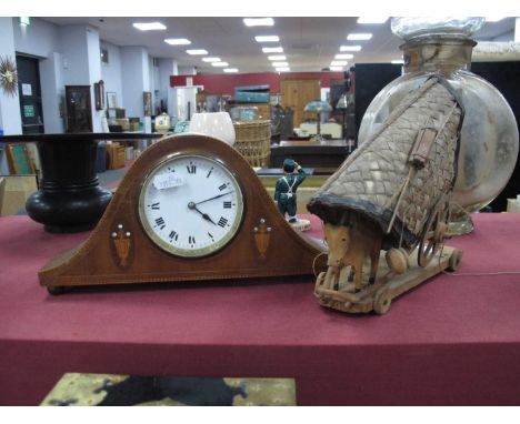 Edwardian Inlaid Mahogany Mantle Clock, with French movement on brass ball feet, 28cm wide. Handcrafted Chinese cart and oxon