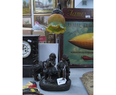 An Art Nouveau style table lamp - children seated on a bench under a decrative green/ orange shade.