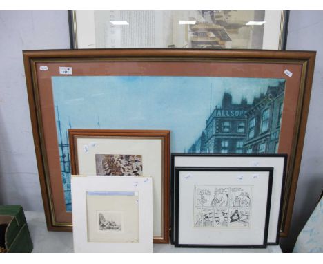 Atkinson Grimshaw Print 'The Kitchen Department of the Reform Club, two framed cartoons, etchings, Terry Gorman print.