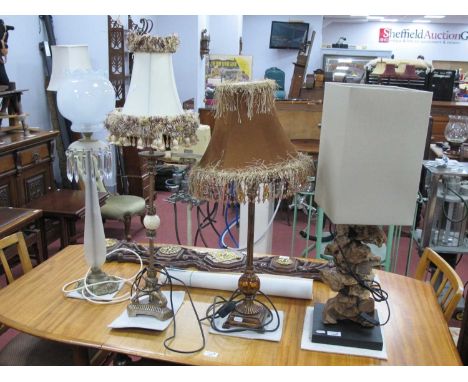 Table Lamp, with glass lustres, on brass base, together with three other table lamps. (4).