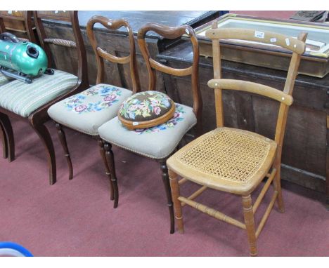 XIX Century Pair of Rosewood Chiars, with upholstered tapestry seats, on splayed legs, bedroom chair, and a footstool. (4).