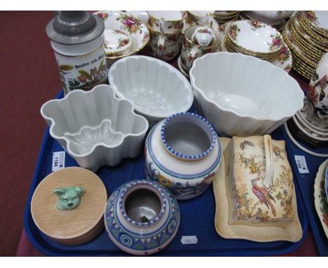 Two Carter Stabler Adams Poole Terrocota Vases, the tallest 11.5cm. Wedgwood and Shelley jelly moulds, Sylvac lidded pot etc: