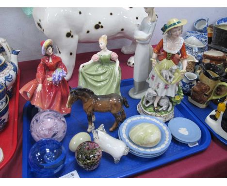 Royal Doulton Fgures, Lilac Time HN 2137, Michelle HN 2234, Nao figure, paperweights, Wedgwood pin trays, etc:- One Tray.