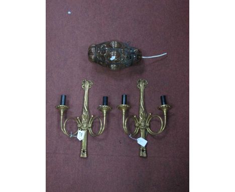 Pair of Gilt Metal Twin Branch Wall Lights, 40cm high, wire framed amber glass ceiling light (3).