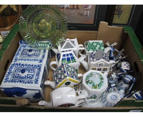 A Blue and White Miniature Ceramic Set of Drawers, marked 'Regency Ironstone' to base, eight Wade 'English Life Teapots' nine