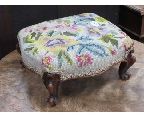 Early XX Century Mahogany Foot Stool, on squat carbiole legs, with later tapestry top, 34.5cm wide.