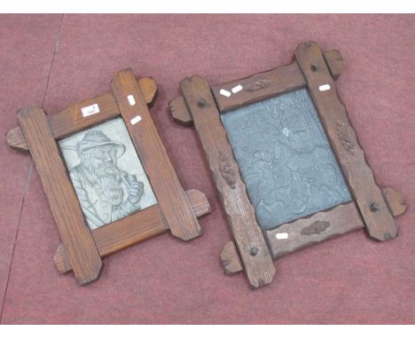 Continental Lead Wall Plaque Featuring Hunting Party, in wooden frame, 30 x 23cm, another smaller of pipe smoking gentleman (