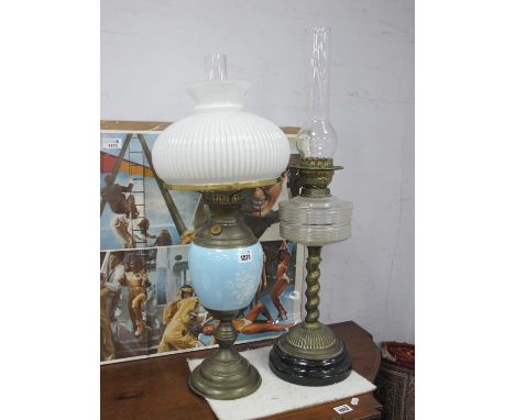 XIX Century Oil Lamp, with funnel, glass well, barley twist column, together with one other oil lamp with a white glass shade