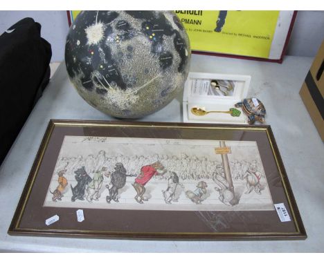 Boris O'Klein, Dirty Dogs print, pencil signed, 17.5 x 45.5cm. Robbe and Berking silver spoon, Wade turtle, moon globe (4)