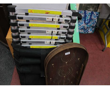 A folding portable telescopic ladder along with a 'Bramhall woodware' vintage Bagatelle board. (2)