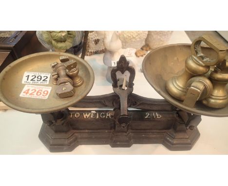 Set of Victorian cast metal confectionery scales with capstan weights. Not available for in-house P&amp;P, contact Paul O'Hea