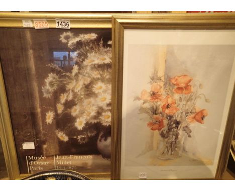 Framed floral print by Jean Francois Millet 1814-1975. and another. Not available for in-house P&amp;P, contact Paul O'Hea at
