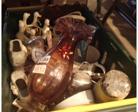 A box lot of mixed ceramics and glassware to include colourful glass vases and decorative ceramics etc. Not available for in-
