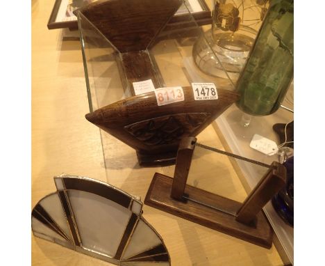 Carved oak and glass panelled book shelf and an oak framed photo stand. Not available for in-house P&amp;P, contact Paul O'He